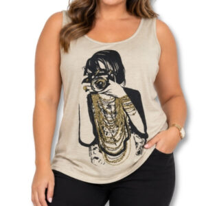 Beige Graphic Print Sleeveless Top – Size 14