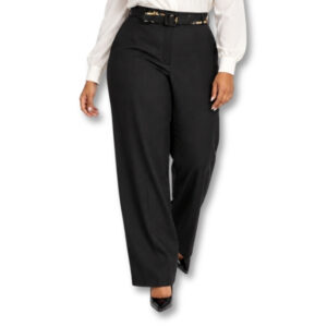 Black Straight-Leg Trousers with Statement Belt - Size 16