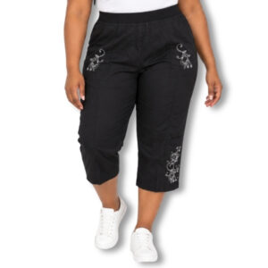 Black Cotton Capri Pants with Embroidery & Elastic Waist – Size 42