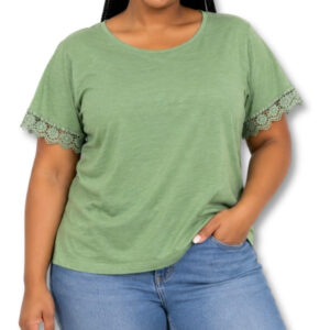 Green T-Shirt with Crochet Sleeve Trim – Size L