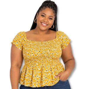 Mustard Yellow Floral Smocked Peplum Top – Size L
