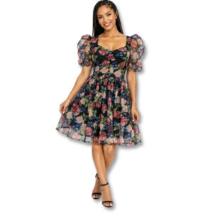 Kelso Black Floral Puff Sleeve Dress – Size 6
