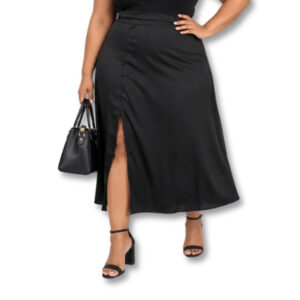 Black Button-Front Midi Skirt with Front Slit - Size XL