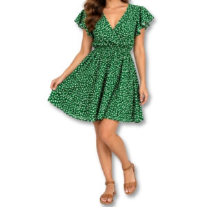 Green & White Floral Print V-Neck Dress - Size S