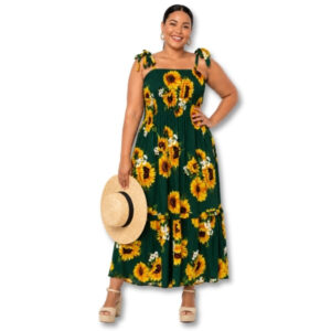 Green Sunflower Maxi Dress with Tie Straps – Size L