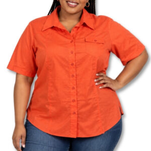 Coral Orange Cotton Short Sleeve Button-Up Shirt – Size XL