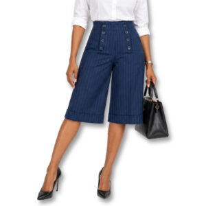 Navy Pinstripe Culotte with Button Detail – Size 32