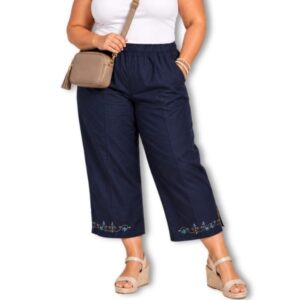 Woolworths Navy Blue 3/4 Pants with Embroidered Hem – Size 18