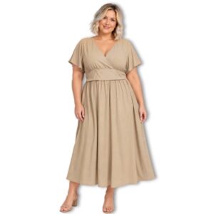 Beige V-Neck Midi Dress – Size 3XL
