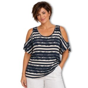 Contempo Casuals Navy & Cream Striped Cold Shoulder Top – Size 14