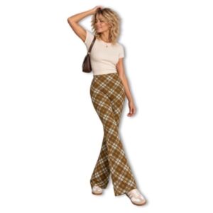 Topshop Brown & Cream Check Flared Trousers – Size10