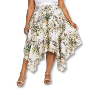 White Botanical Floral High-Low Skirt with Elastic Waist - Size XL