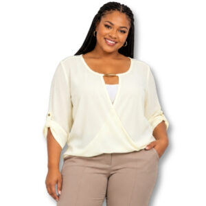 Cream Roll-tab Sleeve Blouse with Wrap Front - Size L