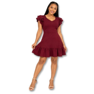 Burgundy Ruffle Sleeve Tiered Mini Dress - Size M