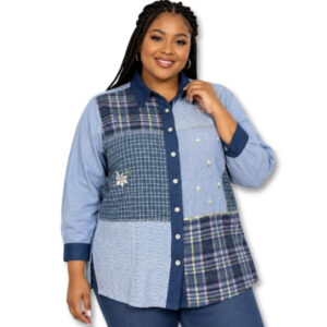 Blue Patchwork Long Sleeve Button-Up Shirt - Size 20