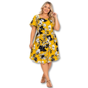 Yellow Floral Print Short Sleeve Dress – Size 14/38