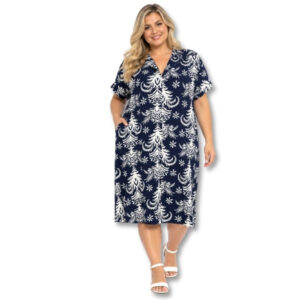 Navy & White Ornate Print Shift Dress with Side Pockets – Size 38