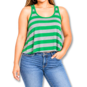 Free 2bu Green & Grey Striped Sleeveless Flared Top – Size 10