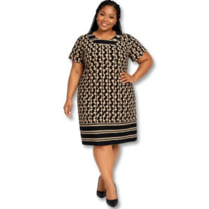 Black and Beige Patterned Short Sleeve Dress - Size 42