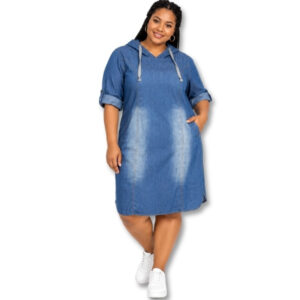 Blue Denim Hooded Dress with 3/4 Roll-Tab Sleeves - Size 2XL