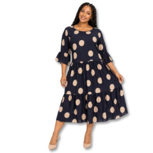 Navy Blue and Beige Polka Dot Dress with Flared Sleeves - Size 40