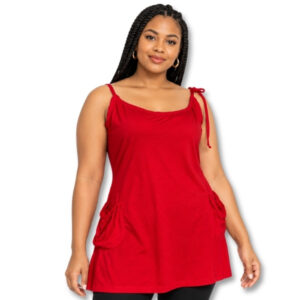 Red Sleeveless Top with Tie Shoulder Strap and Pockets – Size M