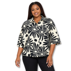 Black and Cream Sunburst Print Button-Up Shirt – Size 16