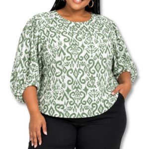 Sage Green and White Patterned Blouse with 3/4 Sleeves – Size XL