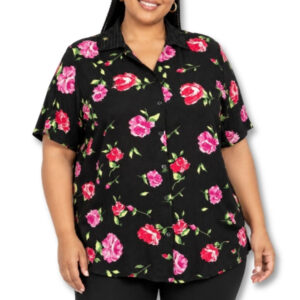Black Floral Rose Print Short Sleeve Button-Up Shirt – Size 18