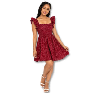 Burgundy Polka Dot Dress with Ruffle Straps – Size S