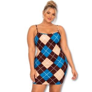 Blue, Brown & Beige Diamond Print Strappy Mini Dress – Size L