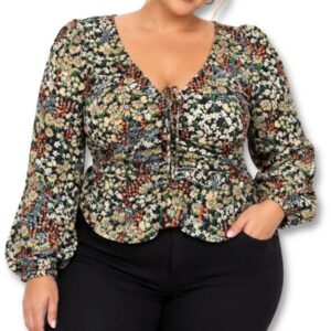 H&M Black Floral Blouse with Ruched Front – Size XL