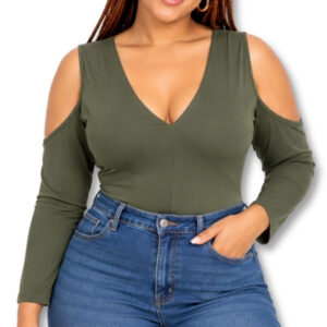 Olive Green Cold Shoulder Bodysuit – Size 14/38