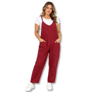 Burgundy Sleeveless Dungaree Jumpsuit with Front Pockets – Size M
