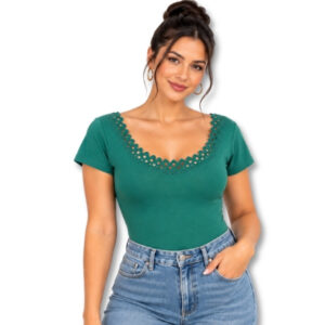 Green Bodysuit with Decorative Cut-Out Neckline – Size M