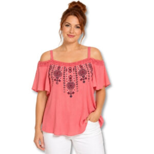 Miladys Coral Pink Cold-Shoulder Top with Lace Trim and Embroidered Detail – Size 12/36