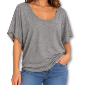 Free 2bu Grey Melange Scoop Neck Top with Batwing Sleeves and Decorative Back Zip – Size S