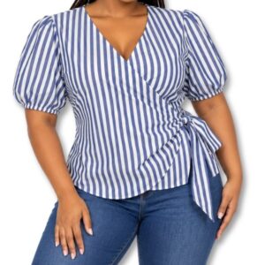 Edition Blue and White Striped Cotton Wrap Top with Puff Sleeves – Size 16