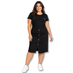 Black Denim Pinafore Dress with Button Front and Adjustable Straps – Size 40