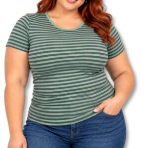 Green & Grey Striped Short Sleeve Top – Size XL/XXL