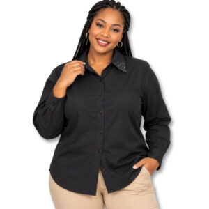 Luisa Viola Black Button-Up Shirt with Rhinestone Collar Detail – Size 20